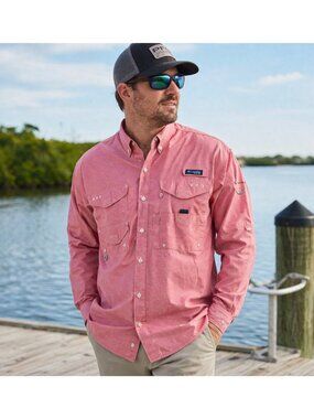Columbia PFG Super Bonehead Fishing Shirt Chambray Vented Mesh Lined Button Up S